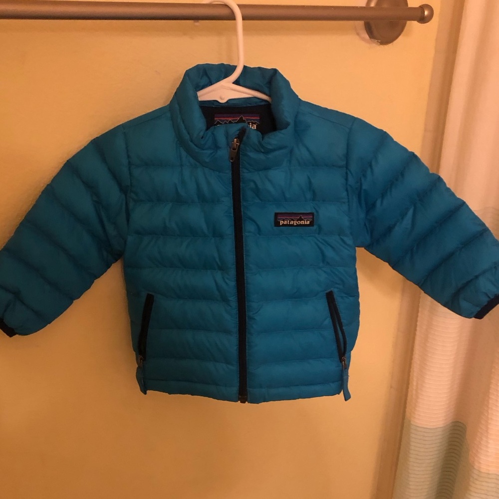 Patagonia light blue, puffer jacket; size 3-6 months